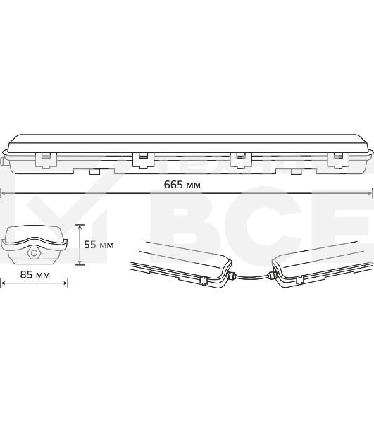 Светильник линейный Gauss СПП-Т8-G13 LITE 220-230V IP65 665x85x55мм для LED ламп 2х600мм 1/16