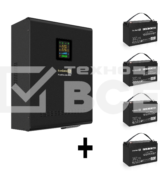 Комплект ИБП EX296003RUS + батарея 100Aч EX282985RUS 4шт (инвертор, синус, для котла, настенный) ExeGate FineSine SX-3000.LCD.AVR.2SH.T <3000VA/2100W, чистая синусоида, цветной LCD-дисплей, AVR, 2*Schuko+клеммы, линейно-интерактивный, крепление настенное,