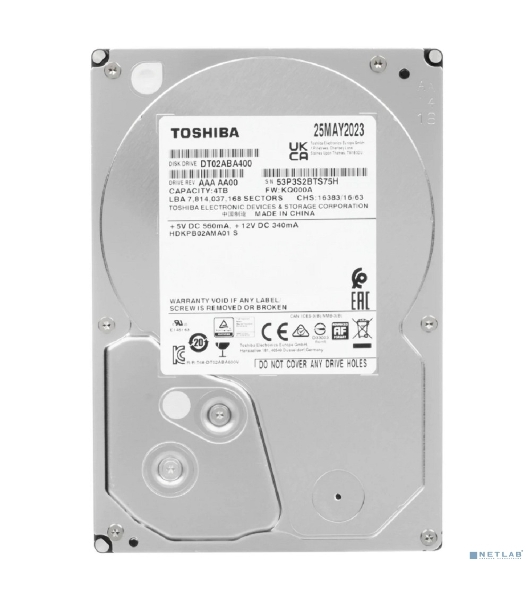 Жесткий диск Toshiba Desktop HDD 3.5' SATA 4Tb, 5400rpm, 128MB buffer, 512e, SMR, DT02ABA400, 1 year