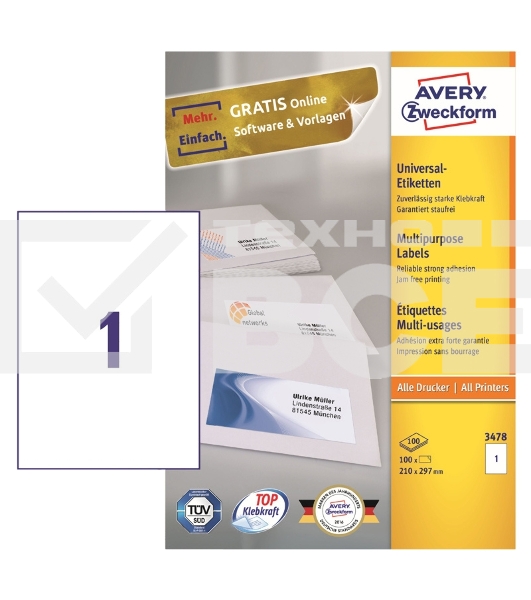 Этикетки Avery Zweckform 3478 A4 70x210мм 297шт на листе/70г/м2/100л./белый матовое самоклей. универсальная