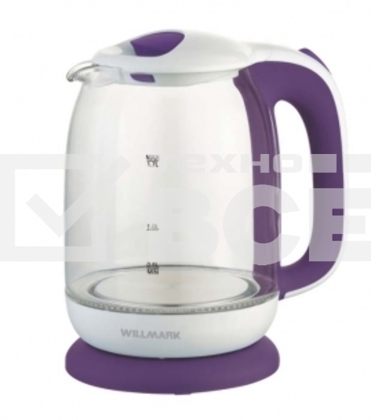 Чайник электрический Willmark WEK-1704G (1.7л, пов. на 360 град., стекло, 2200Вт) (Белый/фиолет)