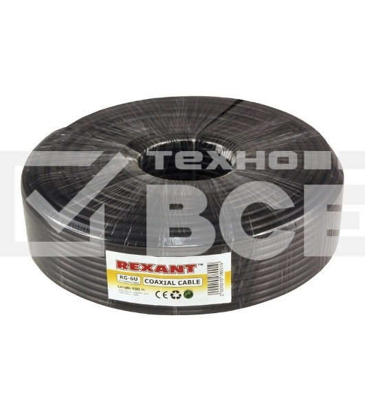 Кабель коаксиальный Rexant RG-6U+Cu, 75 Ом, Cu/Al/Cu, 64%, бухта 100 м, черный OUTDOOR