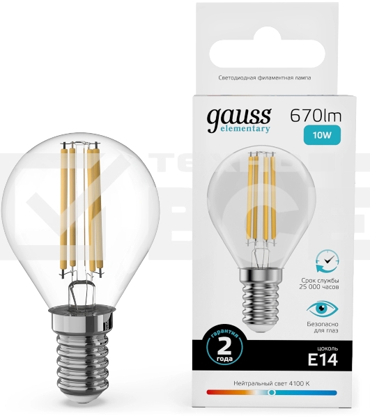Лампа филам. Gauss Filament 10Вт цок.:E14 шар св.свеч.бел.нейт. (упак.:10шт) (52120)