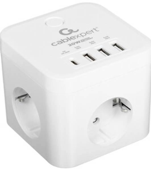 Сетевой фильтр Cablexpert Cube CUBE-3-CU3-W-1.5, 3 р, 10А, 1xType-C PD, 3xUSB, 1.5 м, ур.защиты 4+, белый, коробка