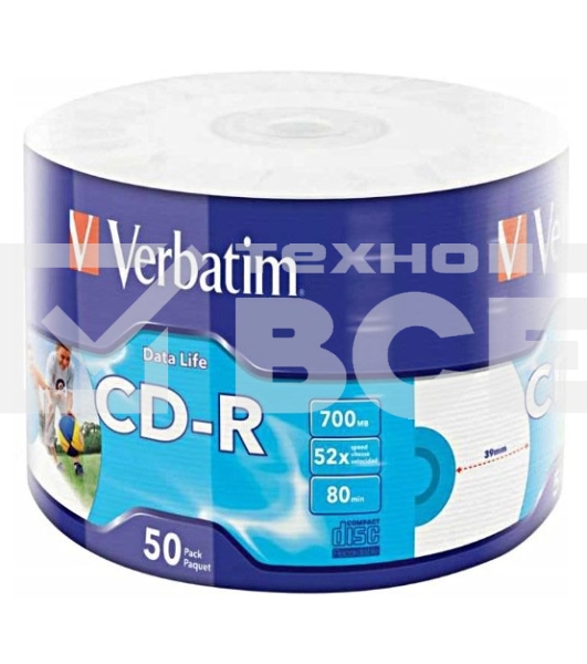 Диск CD-R Verbatim 80min, 700mb, 52x Shrink/50 Ink Print 43794
