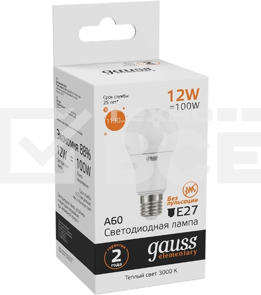 Лампа светодиодная Gauss Elementary 12Вт цок.:E27 груша 220B 3000K св.свеч.бел.теп. A60 (упак.:10шт) (23212)