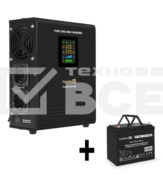 Комплект ИБП EX295995RUS + батарея 75Aч EX282983RUS 1шт (инвертор, синус, для котла, настенный) ExeGate FineSine SX-500.LCD.AVR.2SH <500VA/300W, чистая синусоида, цветной LCD-дисплей, AVR, 2*Schuko, линейно-интерактивный, крепление настенное/универсальное