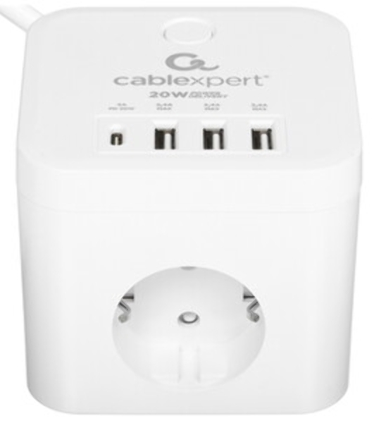 Сетевой фильтр Cablexpert Cube CUBE-3-CU3-W-1.5, 3 р, 10А, 1xType-C PD, 3xUSB, 1.5 м, ур.защиты 4+, белый, коробка