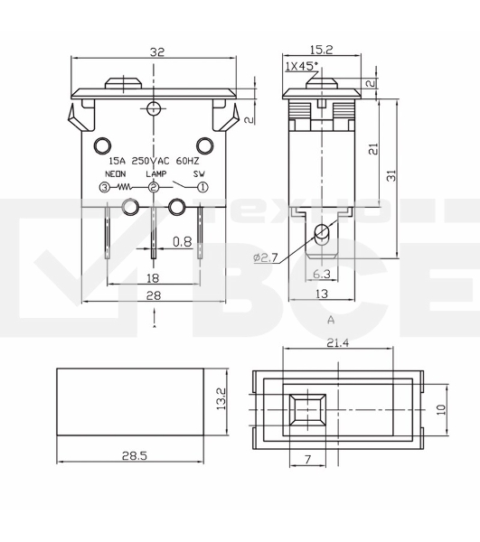 Автомат - предохранитель 250V 15А (3с) RESET-OFF красный  с подсветкой  Rexant