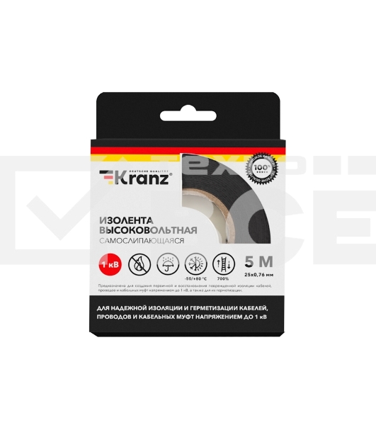 Изолента высоковольтная KRANZ самослипающаяся, до 1кВ, 0.76х25 мм, 5 м