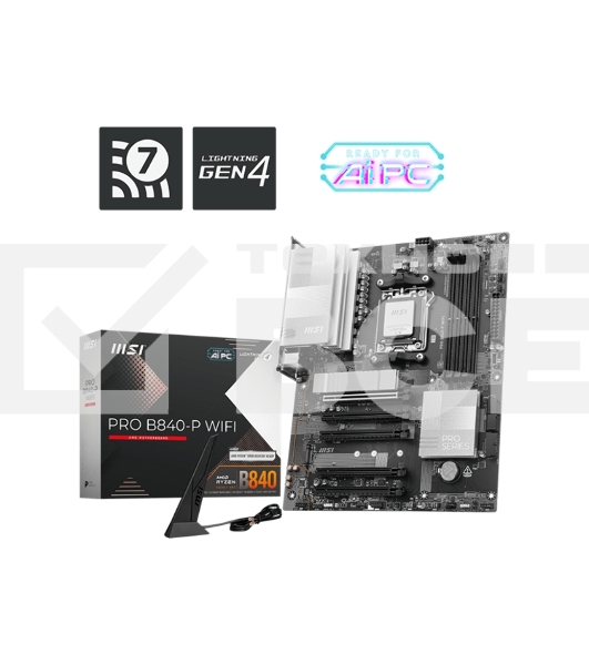 Материнская плата MSI PRO B840-P WIFI, Socket AM5, AMD B840, 4xDDR5, 4xSATA, 2xM.2, 1xPCI-E 4.0 x16, 1xPCI-E 3.0 x4, 3xPCI-E 3.0 x1, 1xHDMI, 1x 2.5Gb LAN, 4xUSB-A 2.0, 2xUSB-A 5Gbps, 1xUSB-C 5Gbps, 1xUSB-A 10Gbps, 1xUSB-C 10Gbps, 3x3.5 мм, 7.1, ATX