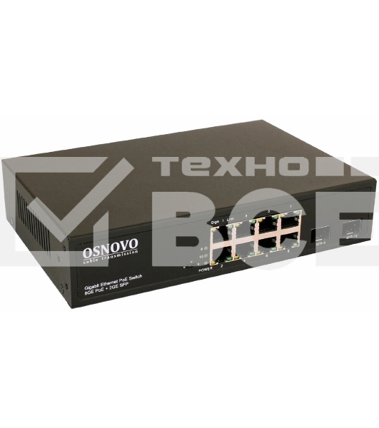 Коммутатор OSNOVO Гигабитный PoE коммутатор на 10 портов, 8 *10/100/1000 Base-T PoE, 2*SFP 1000 Base-T, PoE на порт до 30W, суммарно до 150W
