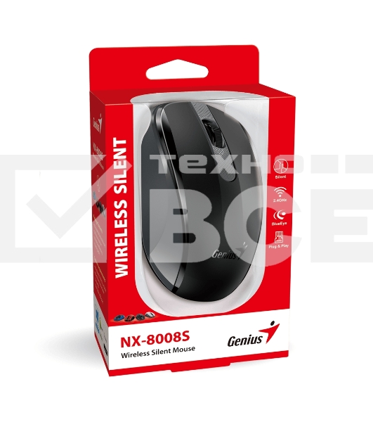 Мышь беспроводная Genius NX-8008S черный, 1200 dpi, радиоканал, USB, кнопки - 3