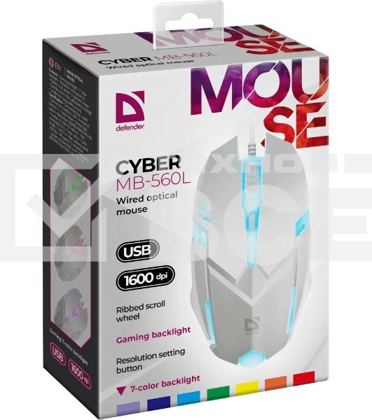 Мышь проводная Defender Cyber MB-560L белый, 1200 dpi, USB, кнопки - 3