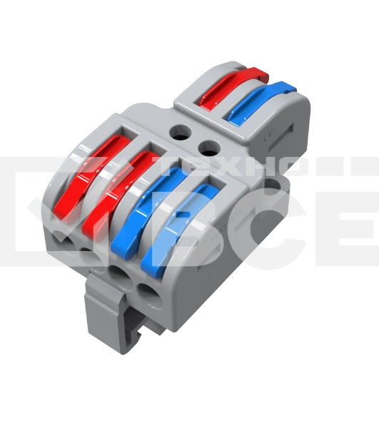 Клемма СМК Rexant 2х2D проходная разветвительная 2 полюса на DIN-рейку (0,08-4 мм²) (1 ввод, 2 вывода на полюс) серый (25 шт/уп)