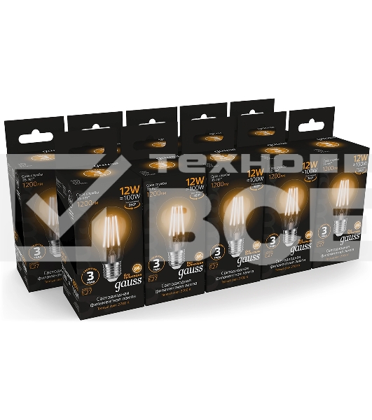 Лампа светодиодная Gauss Filament 102902112 12Вт цок.:E27 груша 185B св.свеч.бел.теп. грушевидная (упак.:10шт)