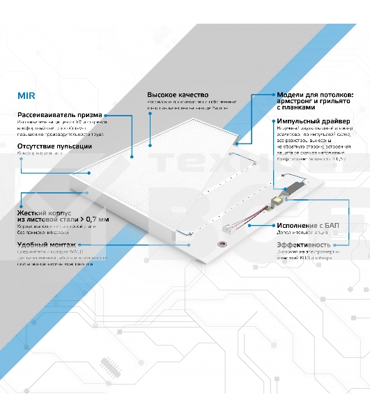 Светильник светодиодный Gauss MIR 595х595х50 35Вт 3500лм 4000К IP40 офисный встраив. накладной с рассеив. призма (аналог ЛВО)