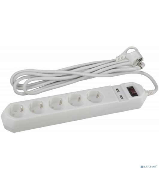 Сетевой фильтр ЭРА белый USF-5es-1.5m-USB-W  с заземл 3x0.75мм2 с выкл 5гн+2USB 1.5м