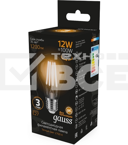 Лампа светодиодная Gauss Filament 102902112 12Вт цок.:E27 груша 185B св.свеч.бел.теп. грушевидная (упак.:10шт)