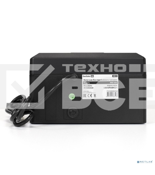 Источник бесперебойного питания ExeGate NEO NNB-800.LED.AVR.8SH.CH <800VA/480W, LED, AVR, 8*Schuko, 4*USB-порта для зарядки, Black>