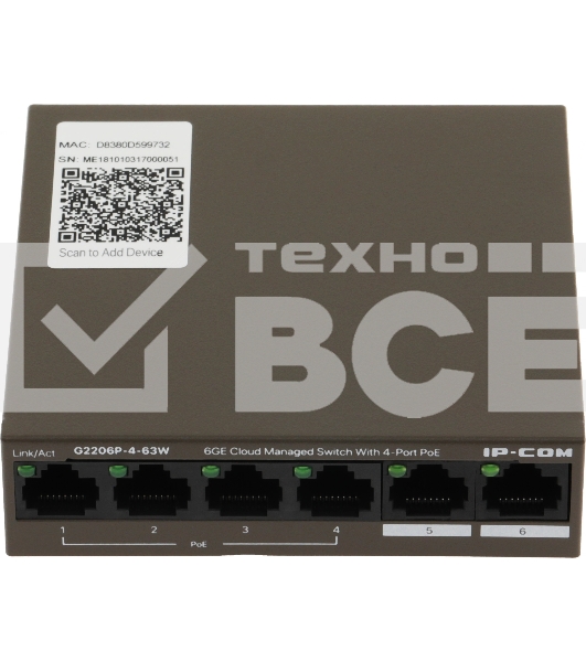Сетевой коммутатор IP-COM G2206P-4-63W 4x10Base-T/100Base-TX/1000Base-T 2x1000Base-T PoE порты 4 Количество портов PoE+ 4 G2206P-4-63W