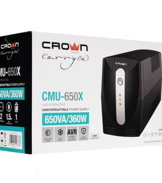 Источник бесперебойного питания Crown CMU-650X/650 ВА/360 Вт/CEE 7 (евророзетка), IEC 320 C13 (компьютерный)