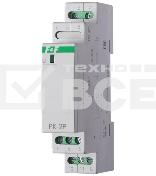 Реле промежуточное PK-2P/Un (монтаж на DIN-рейке 35мм 24В AC/DC 2х8А 2P IP20) F&F EA06.001.008