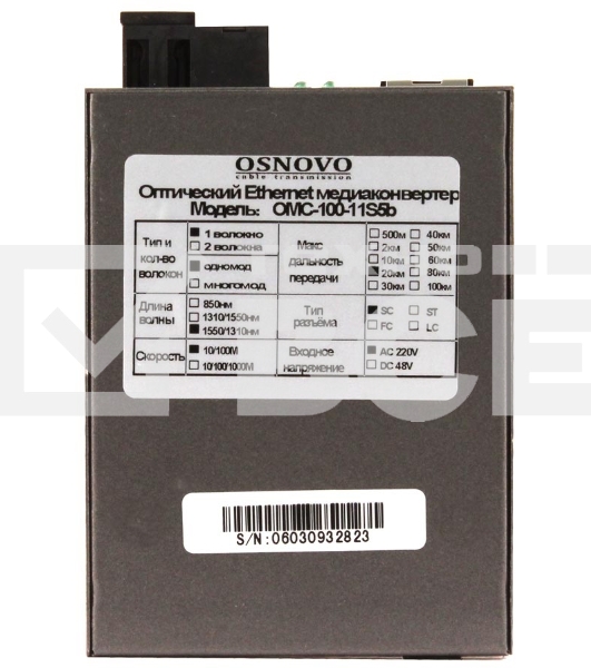 Медиаконвертер OSNOVO Медиаконвертер FE, по одному волокну SM до 20 км, по MM - до 1.5 км, tx1550/rx1310нм