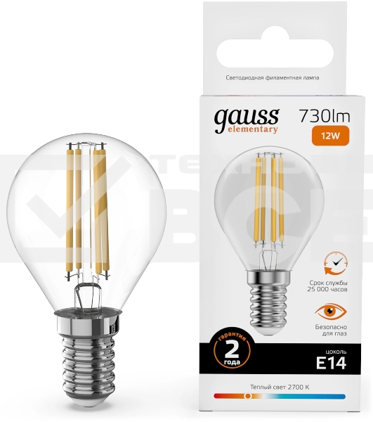 Лампа филам. Gauss Filament 12Вт цок.:E14 шар св.свеч.бел.теп. (упак.:10шт) (52112)