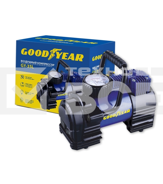 Компрессор GOODYEAR GY000102 GY-35L 35 л/мин Мощность - 168 Вт, Производительность - 35 л/мин, Максимальное токопотребление - 14 А, Максимальное давление - 7 Атм, Длина провода питания: 3 м, Длина воздушного шланга: 1 м. Сумка и набор переходников в комплекте.