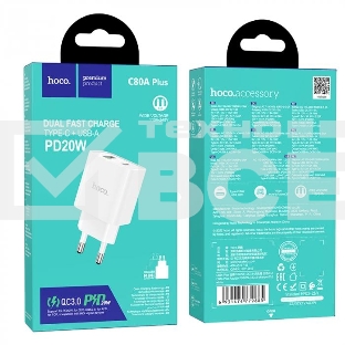 Зарядное устройство HOCO C80A Plus Rapido PD20W+QC3.0, 1xType-C, 1xUSB, белый