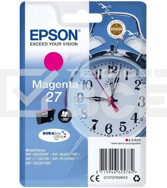 Картридж струйный EPSON C13T27034012 пурпурный (300 стр.) для Epson WorkForce WF-3620/WF-3640/WF-7110/WF-7610/WF-7620/WF-7710DWF