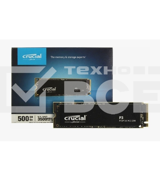 Накопитель SSD Crucial P3, 500Gb, M.2 2280, PCIe 3.0 x4, NVMe, R/W 3500/1900