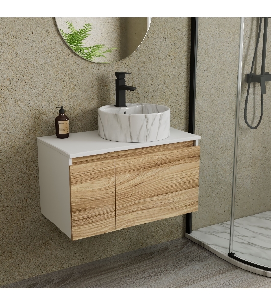 Комплект: тумба Bau Dream Blackwood 80, Раковина круглая накладная BAU Element D41, мрамор, смеситель Hotel Black, черный матовый