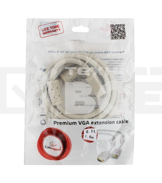 Кабель Gembird CC-PPVGAX-6,  Кабель удлинитель VGA Premium ,1.8м,15M/15F,тройн. экран,феррит. кольца,пакет     