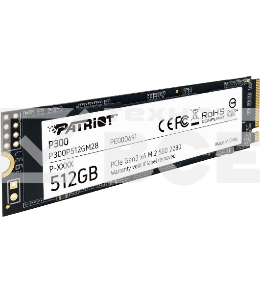 Накопитель SSD Patriot P300, 512GB, PCIe 3.0 x4, M.2 2280, NVMe, R/W 1700/1200