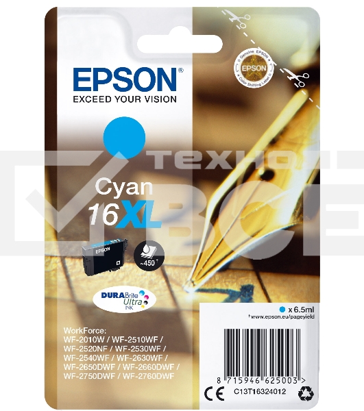 Картридж струйный EPSON 16XL (C13T16324012) голубой повышенной емкости (450 стр.) для WF-2010/WF-2510/WF-2540