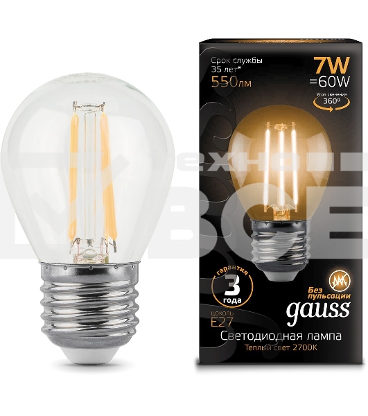 Лампа филам. Gauss 7Вт цок.:E27 шар 220B 2700K св.свеч.бел.теп. G45 (упак.:10шт) (105802107)