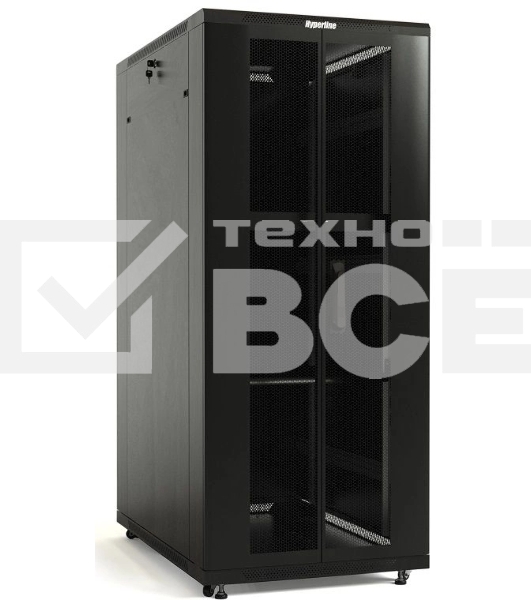 Шкаф серверный Hyperline (TTBR-4262-DD-RAL9004) напольный 42U 600x1200мм пер.дв.перфор.2ств. задн.дв.перфор.2-хст. 2 бок.пан. 800кг черный 1110мм IP20 сталь