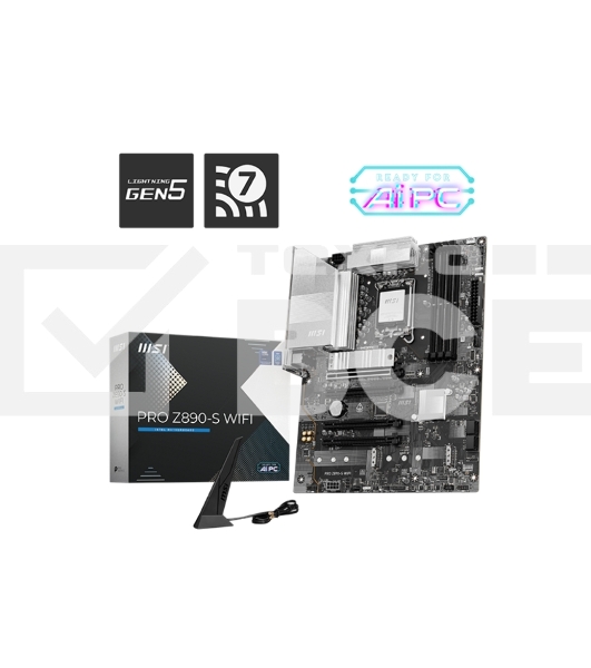 Материнская плата MSI PRO Z890-S WIFI, LGA 1851, Intel Z890, 4xDDR5, 4xSATA, 3xM.2, 1xPCIe 5.0 x16, 2xPCIe 4.0 x4, 1xHDMI, 1xDP, 1xUSB-C Thunderbolt 4, 1xUSB-C 3.2 Gen 2x2, 1x 2.5Gb LAN, 6xUSB-A 3.2 Gen 1, 3x3.5 мм, 7.1, ATX