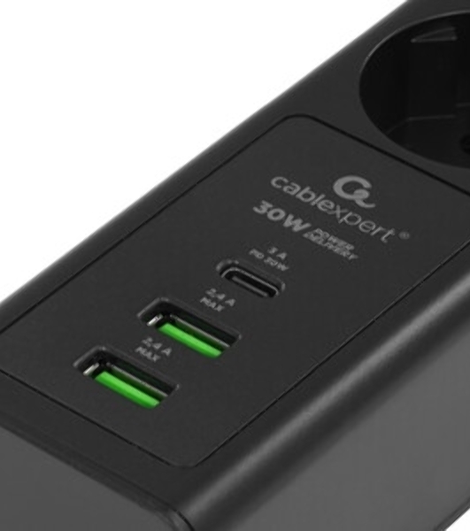 Сетевой фильтр Cablexpert Exnovo, EXN-4-CU2-B-2, 4р,16А, 1xType-C PD, 30Вт, 2хUSB, 2 м, ур. защиты 4+, черный, коробка