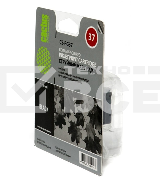 Картридж струйный Cactus CS-PG37 черный (9 мл) для Canon Pixma iP1800/iP1900/iP2500/iP2600/MP140/MP190/MP210/MP220/MP470/MX300/MX310a