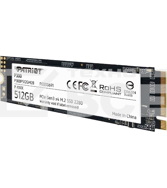 Накопитель SSD Patriot P300, 512GB, PCIe 3.0 x4, M.2 2280, NVMe, R/W 1700/1200