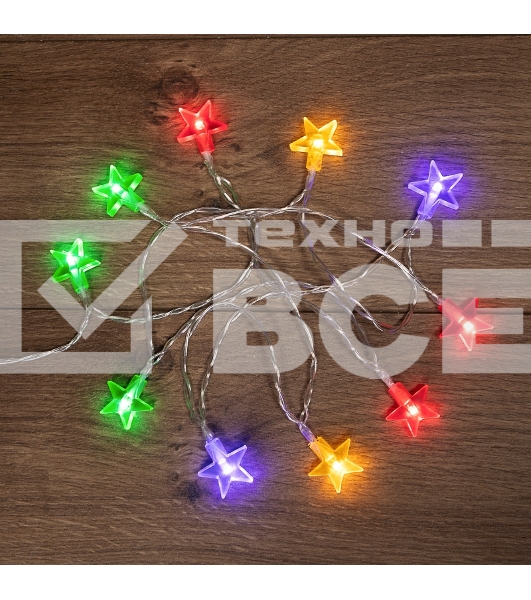 Гирлянда светодиодная «Звездочки» 1.5 м, 10 LED, прозрачный ПВХ, цвет свечения мультиколор, 2 х АА (батарейки не в комплекте) NEON-NIGHT