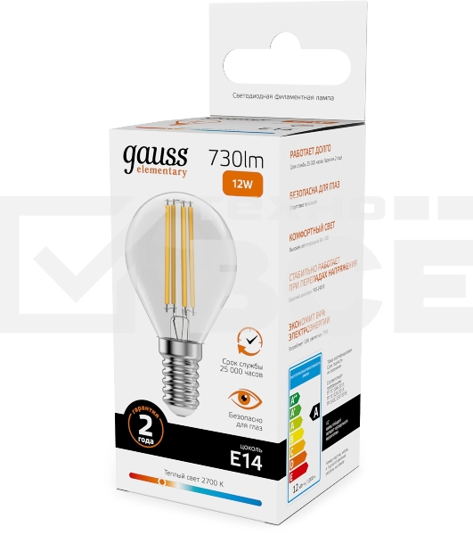 Лампа филам. Gauss Filament 12Вт цок.:E14 шар св.свеч.бел.теп. (упак.:10шт) (52112)