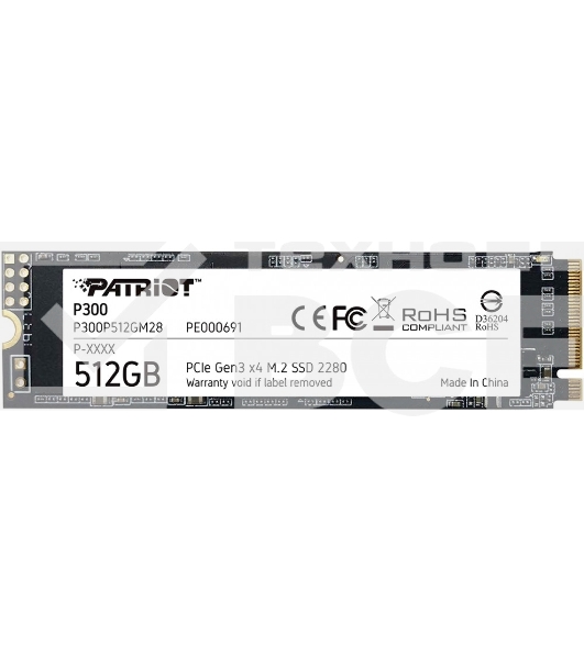 Накопитель SSD Patriot P300, 512GB, PCIe 3.0 x4, M.2 2280, NVMe, R/W 1700/1200