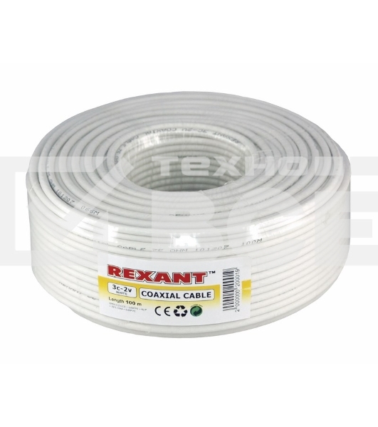 Кабель коаксиальный Rexant 3С-2V, 75 Ом, CCS/Al/Al, 48%, бухта 100 м, белый