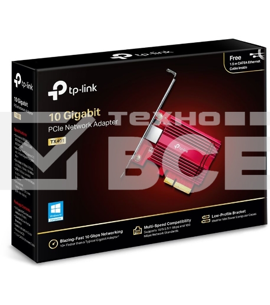 Сетевой адаптер 10 Gigabit PCI-E network adapter, 1 PCI Express 3.0 X4 interface, 1 100/1000/10000Mbps Ethernet port, come with Low-Profile and Full-Height Brackets