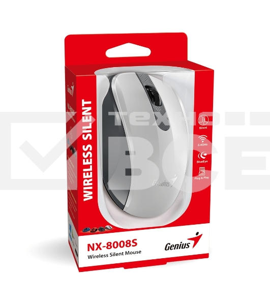 Мышь беспроводная Genius NX-8008S белый/серый, 1200 dpi, радиоканал, USB, кнопки - 3