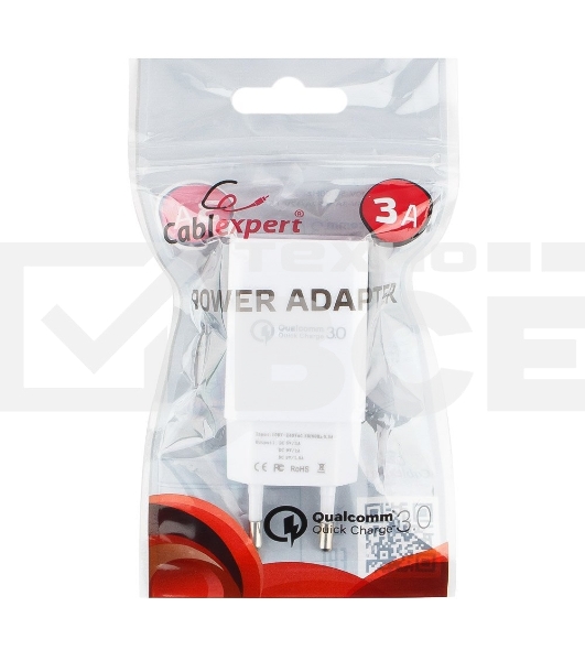 Адаптер питания Cablexpert MP3A-PC-16, QC 3.0, 100/220V - 1 USB порт 5/9/12V, белый
